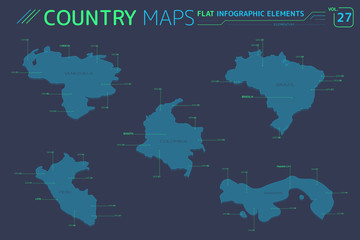 Brazil, Venezuela, Peru, Colombia and Panama Vector Maps