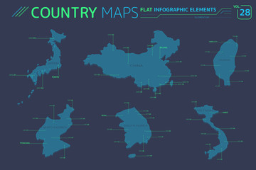 China, Taiwan, South Korea, North Korea, Japan and Vietnam Vector Maps
