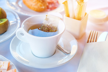 Delicious breakfast served with tea, orange juice at the luxury hotel