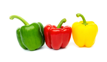 Green Yellow and Red peppers Three types Put together isolated on white background