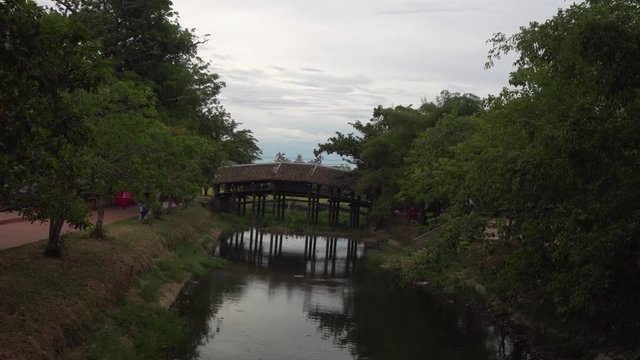 Zoom in of Thanh Toan bridge, Hue, Vietnamese Landmark. Japanese footbridge in picturesque countryside.