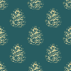 Seamless pattern of gold pine cones isoleted. Chic Christmas Background.