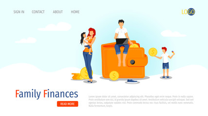 Web page design template for Family Finances, Capital, Profits and Savings with young family, purse and cash. Vector illustration in a flat style for poster, banner, presentation, flyer.