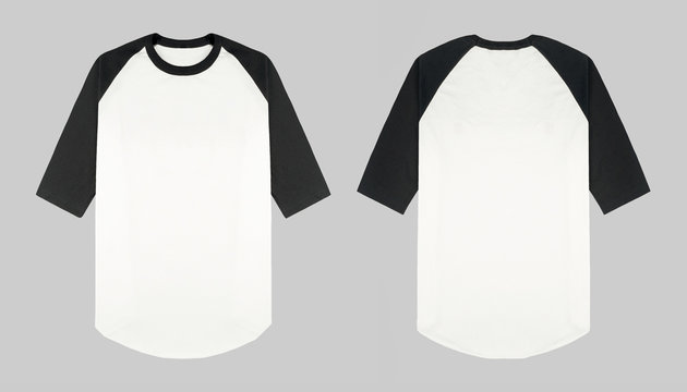 Set of raglan t shirt in front and back view isolated on background. blank plain raglan 3/4 sleeve black and white. ready for mockup or presentation your design.