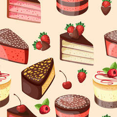 Cakes slices seamless background. Seamless pattern with pies. Vector illustration, seamless pattern.