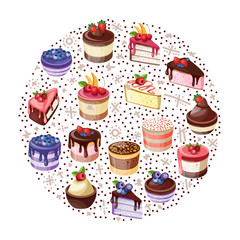 Cakes icons collection. Vector illustration of different types of beautiful modern cakes, such as chocolate cake, tiramisu, eclair and cheesecake. 