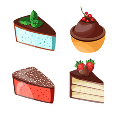 Set of colorful desserts with forest fruits. Chocolate cakes with different fillings. Vector illustration.