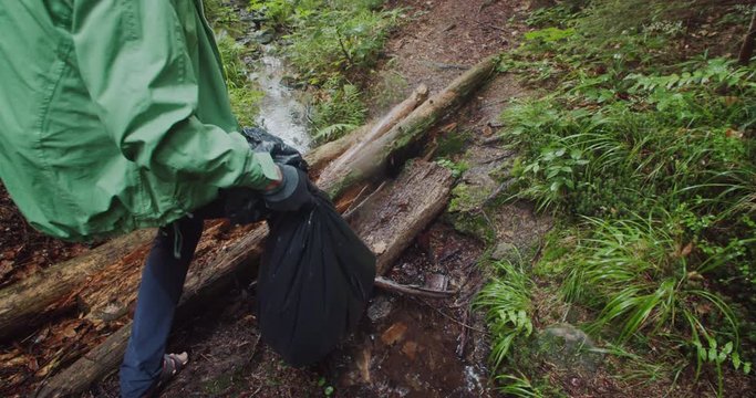 Eco volunteers cleaning the pine forest environment from pollution. Team of young people working together in the woods collecting trash into bags. Rain in the forest.