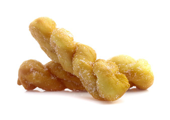 twisted bread donuts with sugar isolated on white