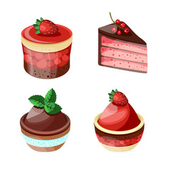 Set of colorful desserts with forest fruits. Chocolate cakes with different fillings. Vector illustration.