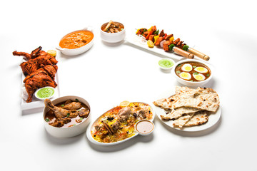 Assorted Indian Non Vegetarian food recipe served in a group. Includes Chicken Curry, Mutton Masala, Anda/egg curry, Butter chicken, biryani, tandoori murg, chicken-tikka and naan/roti