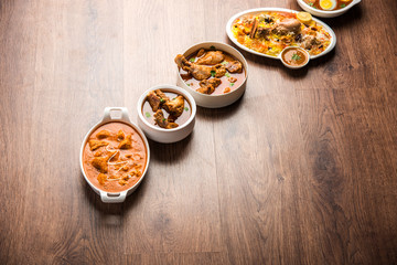 Assorted Indian Non Vegetarian food recipe served in a group. Includes Chicken Curry, Mutton Masala, Anda/egg curry, Butter chicken, biryani, tandoori murg, chicken-tikka and naan/roti