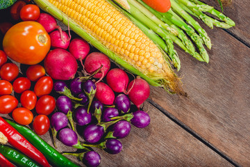 Backgroud of fresh food tasty and healthy varis vegetables are on the wooden table
