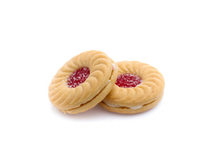 Jam sandwich biscuit from above isolated on white