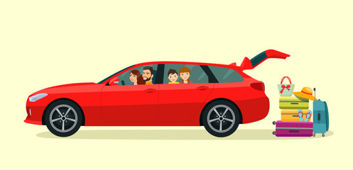 Fototapeta premium Family sits in the station wagon car with an open trunk. Suitcase, bags and other luggage next to the trunk of the car. Vector flat style illustration.