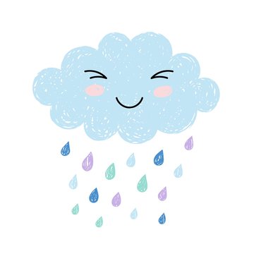 Cute happy cartoon kawaii cloud on blue background with rain drops. Dreaming cloud vector illustration