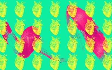 human heart in a fluorescent color in the style of engraving. Bright neon abstract brush stroke on a background. modern contemporary illustration