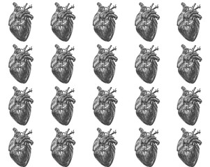 pattern with human hearts of grey color in the style of engravings on white background