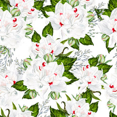 Beautiful watercolor seamless pattern with peony flower. 