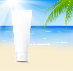 Blank plastic tube mockup for cosmetics on summer beach with a sun, palm trees and cloudless sky. Vector illustration. Can be use for your design, advertising, promo and etc. EPS10.