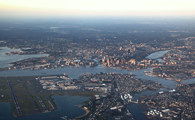 Boston, aerial view in the early morning sun
