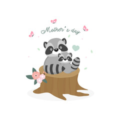 Happy Mother's day card. Mother raccoon hugging her baby.
