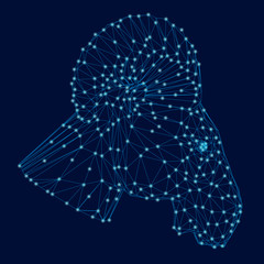 Polygonal ram head. Side view. Wireframe of the head of a ram from blue lines on a dark background with luminous lights. Vector illustration.