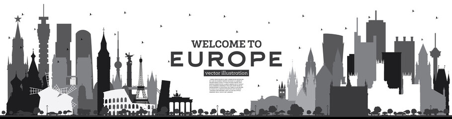 Welcome to Europe Skyline Silhouette with Black Buildings Isolated on White.