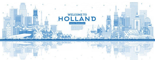 Outline Welcome to Netherlands Skyline with Blue Buildings.