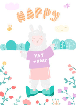 Card with cute alpacas on the Segway, lettering happy