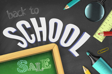 Education elements or school supplies - pencil, ruler, magnifier, marker, clip and colorful hand drawn text on textured black chalkboard background. Back to school sale vector poster template.