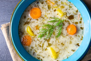 Polish sour cucumber soup or salt cucumber soup.