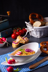 rustic Bavarian obazda with radishes and onions