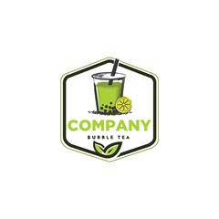 Cute bubble tea vintage drawn logo design, green color flavor