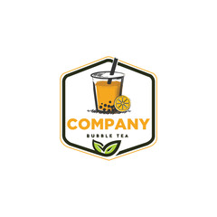 Cute bubble tea vintage drawn logo design, orange color flavor