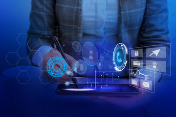 Woman wear formal work suit presenting presentation using smart device