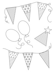 Page of coloring: star-striped flags, hats and balls. Patriotic American illustration
