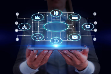 Woman wear formal work suit presenting presentation using smart device