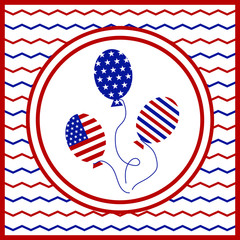 Square Patriotic American illustration. Air star-spangled balloons isolated in white round. Blue and red stripes