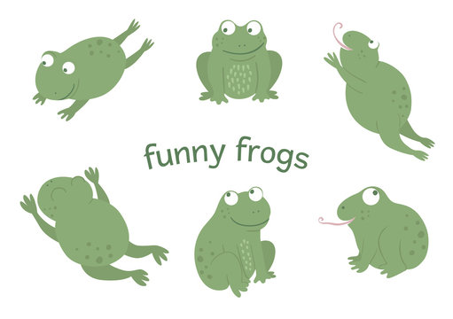 Vector set of cartoon style flat funny frogs in different poses. Cute illustration of woodland swamp animals. Collection of amphibians for children’s design..