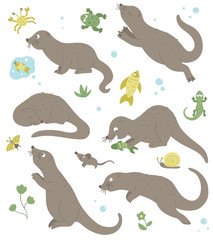 Vector set of cartoon style flat funny otters in different poses with frog, crab, fish, lizard clip art. Cute illustration of woodland animals for children’s design. .