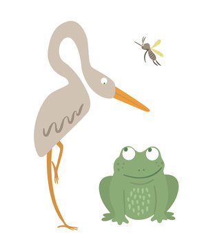 Vector cartoon style flat funny frog with heron and mosquito isolated on white background. Cute illustration of woodland swamp animal. Sitting amphibian icon for children’s design..