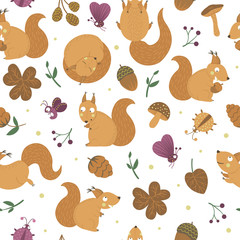 Vector seamless pattern of handdrawn flat funny squirrels with acorns, cones, mushrooms and insects. Autumn repeating background for children&rsquo;s design. Cute animalistic backdrop.