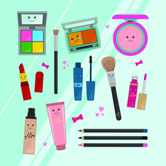 Set of cosmetics with cute faces. Kawaii makeup cosmetics.