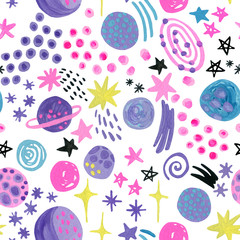 Watercolor cartoon planets, stars, comets, galaxy in bright trendy colors
