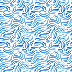 Aqua blue abstract brush strokes seamless pattern. Watercolor fluid shapes background