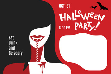 Silhouette woman in halloween vampire costume on party. Girl with cocktail. Halloween party invitations or greeting card with vampire girl and space for you text. Vector illustration.