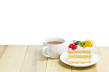 Slice cake with coffee cup on wood , white background