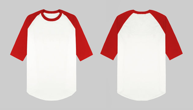 Set of raglan t shirt in front and back view isolated on background. Raglan 3/4 sleeve red and white ready for mockup or presentation your design.