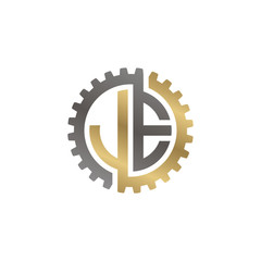 Initial letter J and E, JE, interlock cogwheel gear logo, black gold on white background